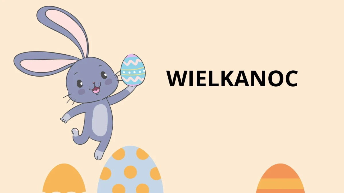 Na plakacie widzimy Zajączka Wielkanocnego z pisankami