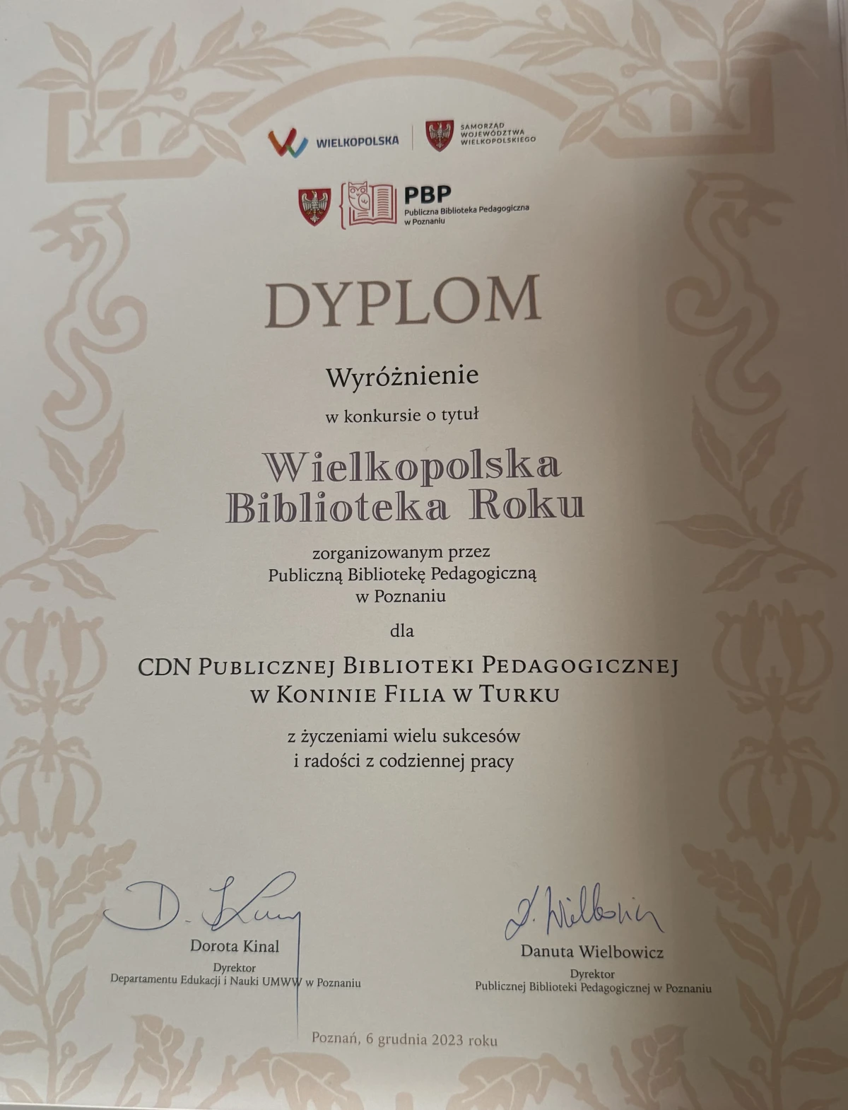 Dyplom dla CDN PBP filii w Turku