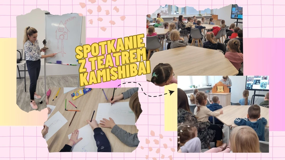 Zdjęcia dzieci biorących udział w spotkaniu z teatrem Kamishibai